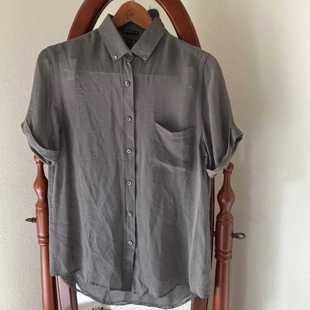 Theory dark grey sheer silk button down with pocket size small